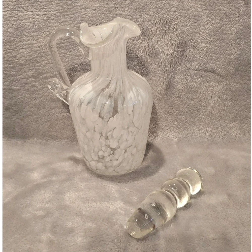 Vintage‎ White Confetti Spatter Hand Blown Glass Cruet Decanter with Stopper